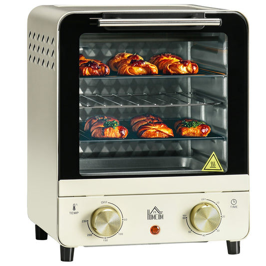 Photo of HOMCOM Mini Oven, 15 Litres Electric Oven and Grill with 60-230℃ Adjustable Temperature, 60 Minute Timer, Include Baking Tray, Wire Rack and Crumb Tray, 1000W, Cream White in White colour on a white background