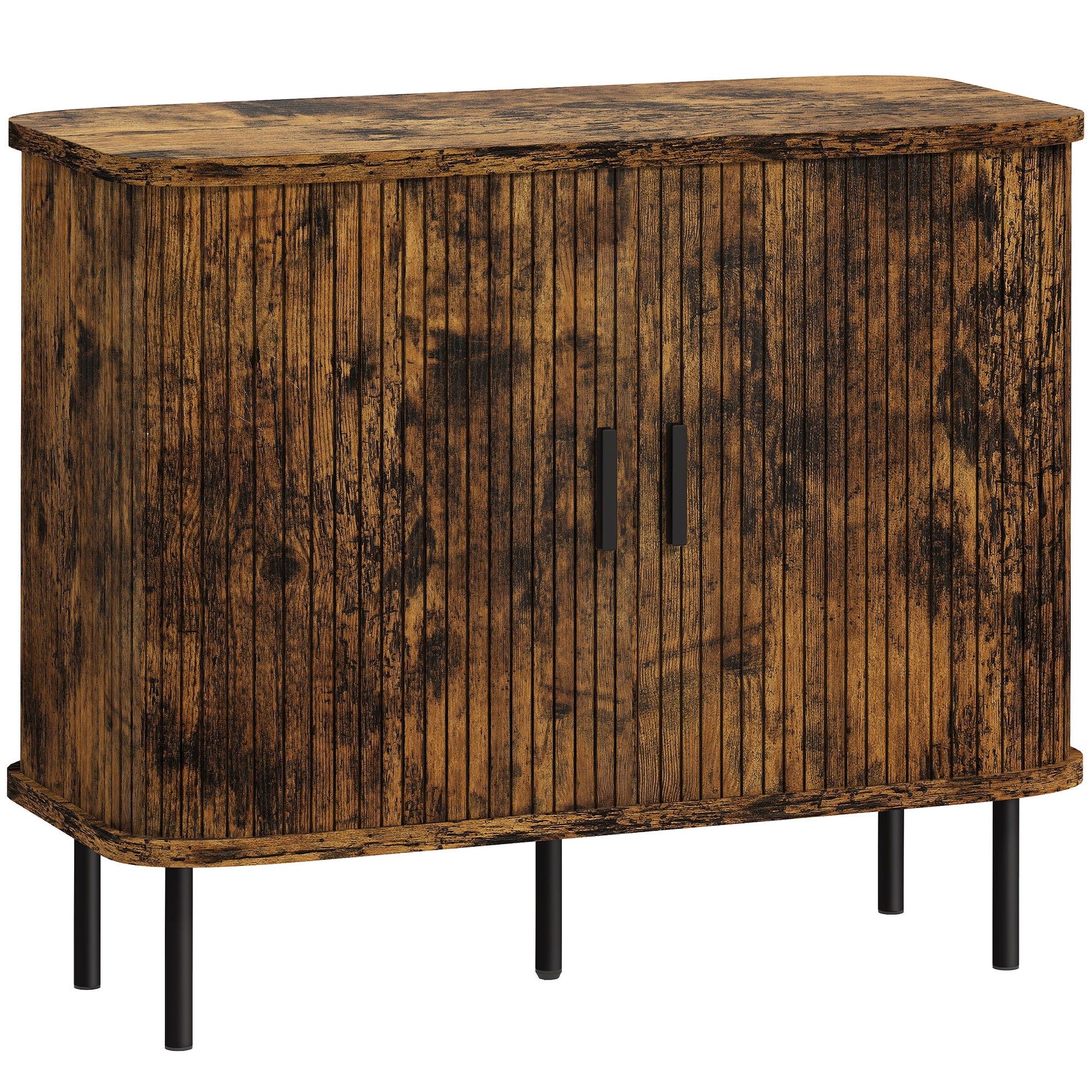 Photo of HOMCOM Mid-Century Modern Sideboard Storage Cabinet with Slatted Tambour Sliding Doors, Kitchen Cabinet with Steel Legs, Rustic Brown in Brown colour on a white background