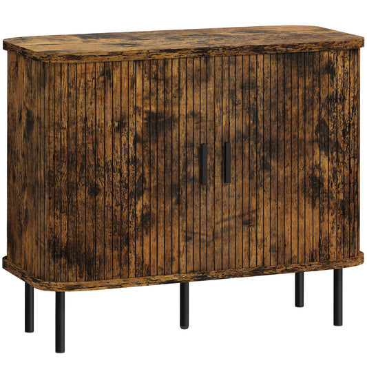 Photo of HOMCOM Mid-Century Modern Sideboard Storage Cabinet with Slatted Tambour Sliding Doors, Kitchen Cabinet with Steel Legs, Rustic Brown in Brown colour on a white background