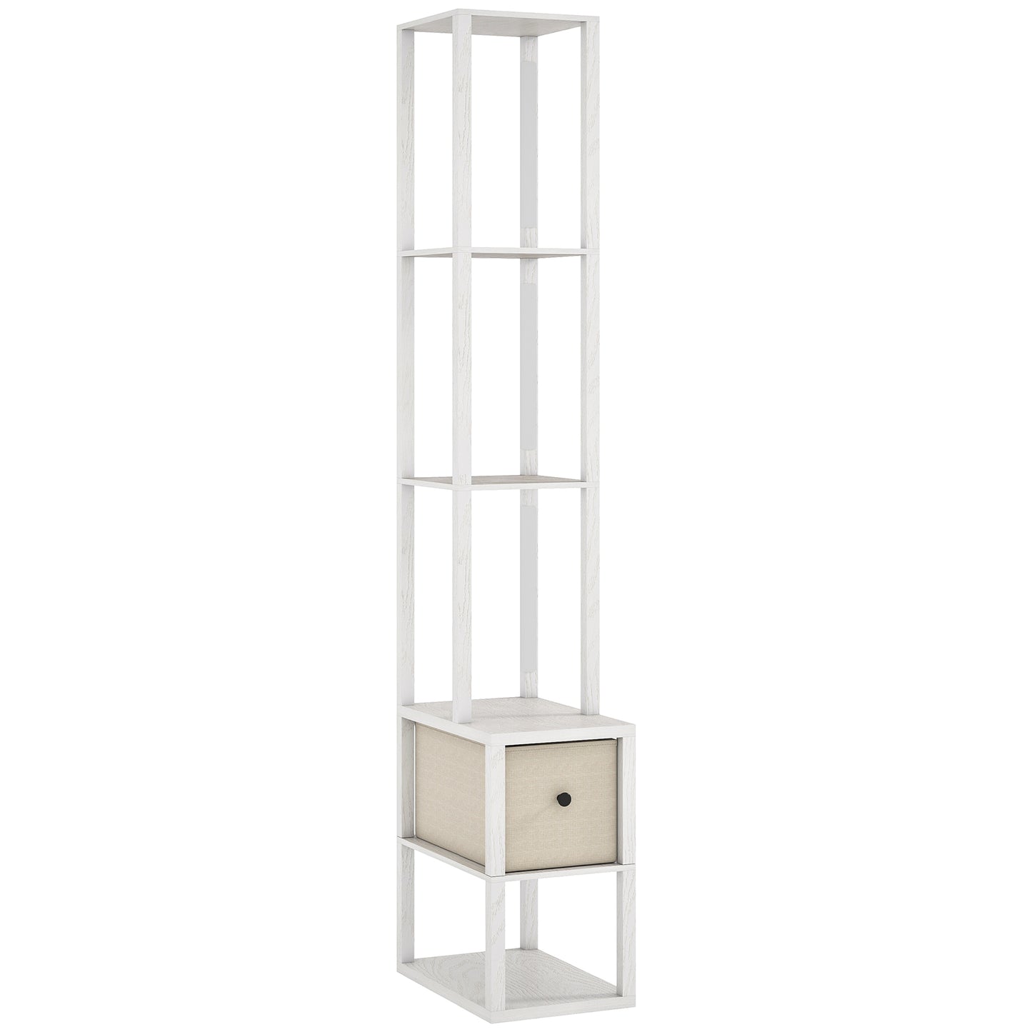 Photo of HOMCOM Floor Lamp with Shelves, LED Column Modern Standing Lamp with Fabric Drawer, Adjustable Brightness, Foot Switch for Living Room, Bedroom, Office, White in White colour on a white background