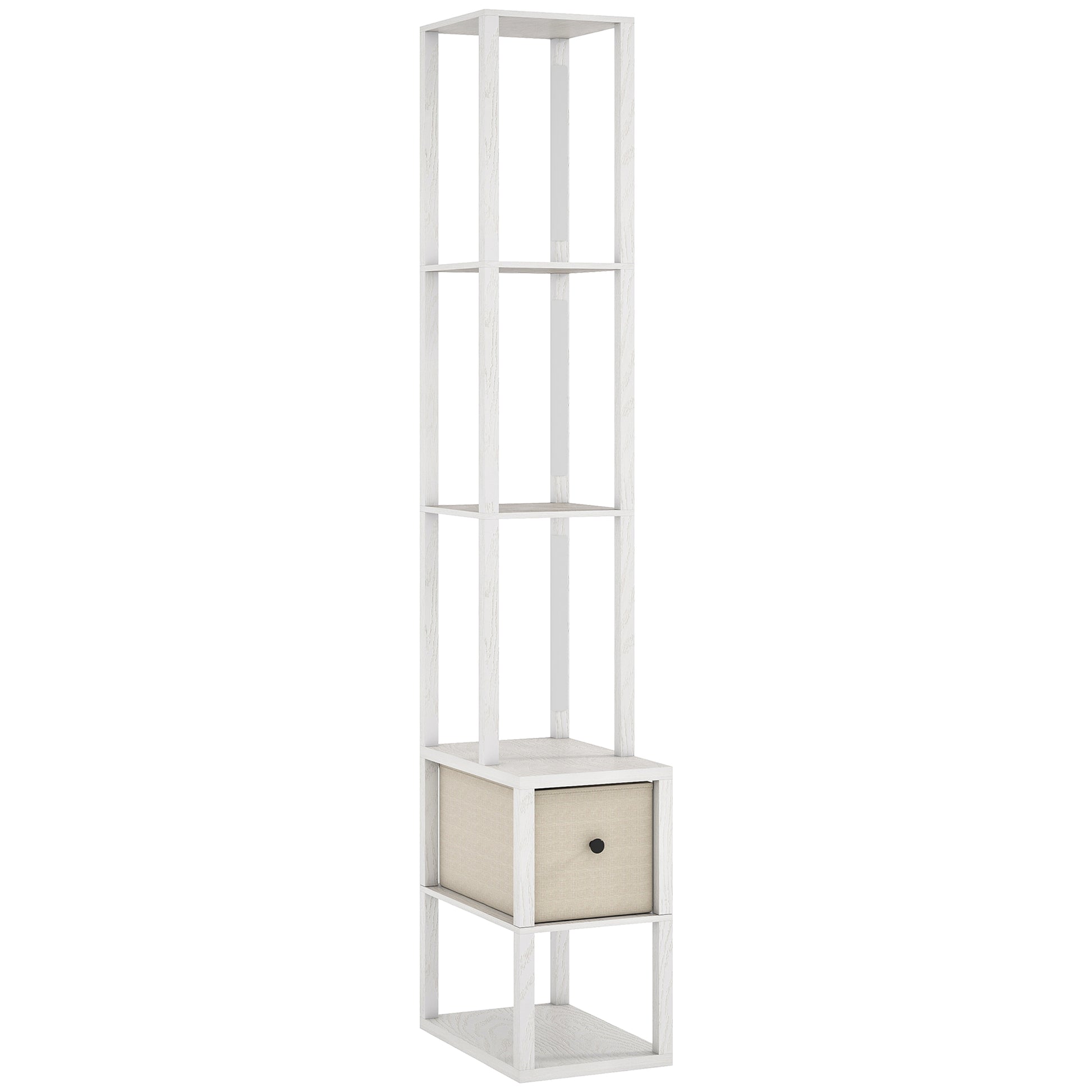 Photo of HOMCOM Floor Lamp with Shelves, LED Column Modern Standing Lamp with Fabric Drawer, Adjustable Brightness, Foot Switch for Living Room, Bedroom, Office, White in White colour on a white background