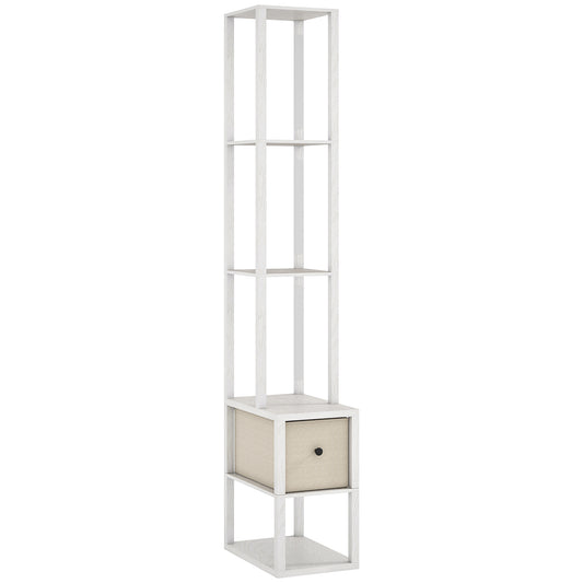 Photo of HOMCOM Floor Lamp with Shelves, LED Column Modern Standing Lamp with Fabric Drawer, Adjustable Brightness, Foot Switch for Living Room, Bedroom, Office, White in White colour on a white background