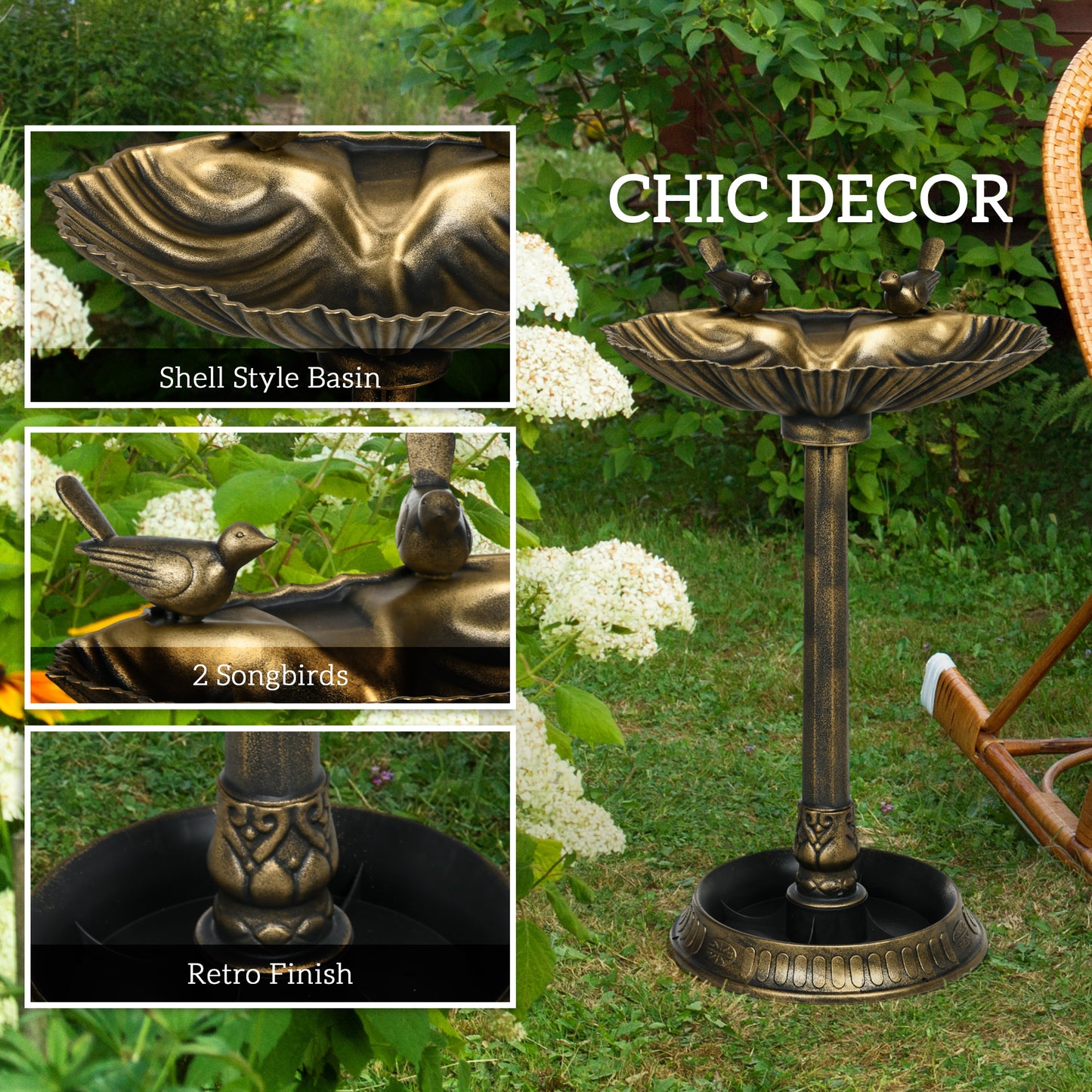Outsunny 81cm Tall Bird Bath with 2 Decorative Birds, Vintage Style Birdbath with Flower Planter Base, Bird Bath Bowl for Garden, Bronze Tone