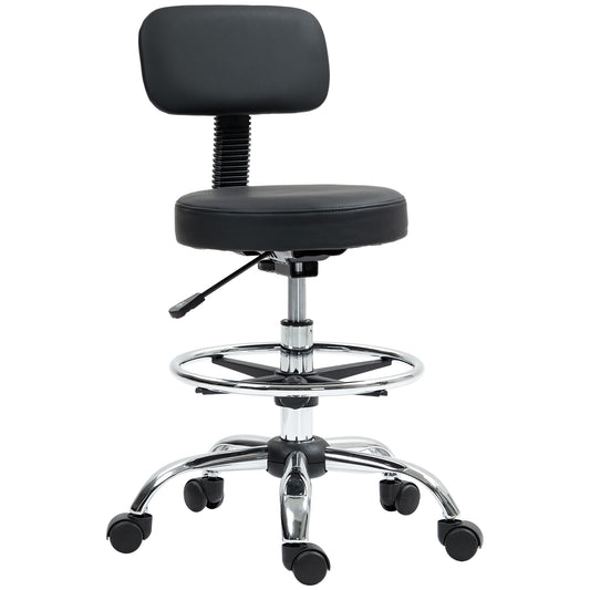Photo of HOMCOM Drafting Chair, Office Chair with Backrest and Adjustable Footrest, Height Adjustable Stool, Leather Padded Rolling Task Chair for Home Office, Black in Black colour on a white background