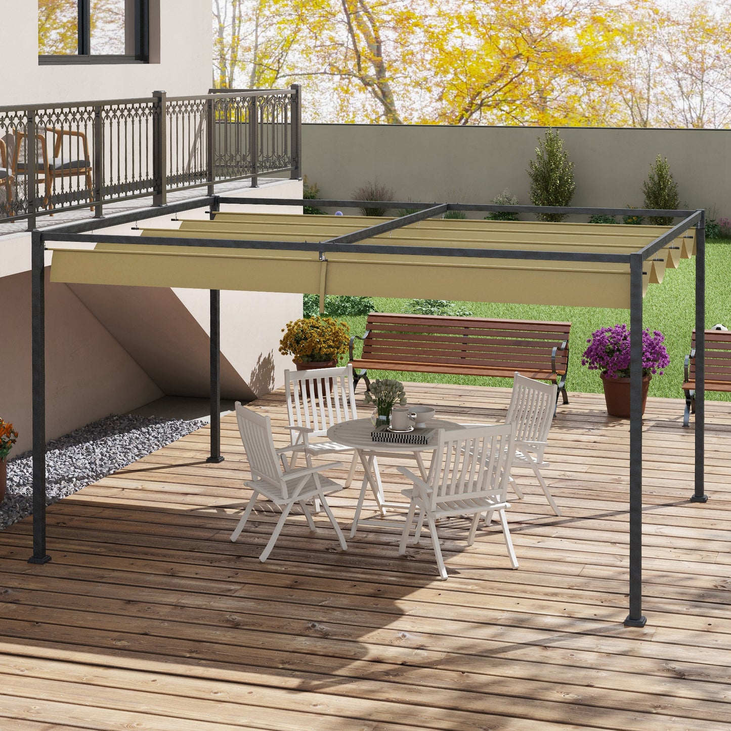 Outsunny 3x2m Metal Pergola with Retractable Roof, Garden Gazebo Canopy Shelter for Outdoor, Patio, Khaki