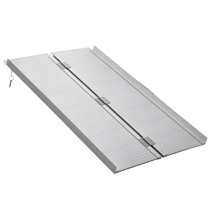 HOMCOM aluminum wheelchair ramp unfolded with twin panels, center hinge, and raised side rails