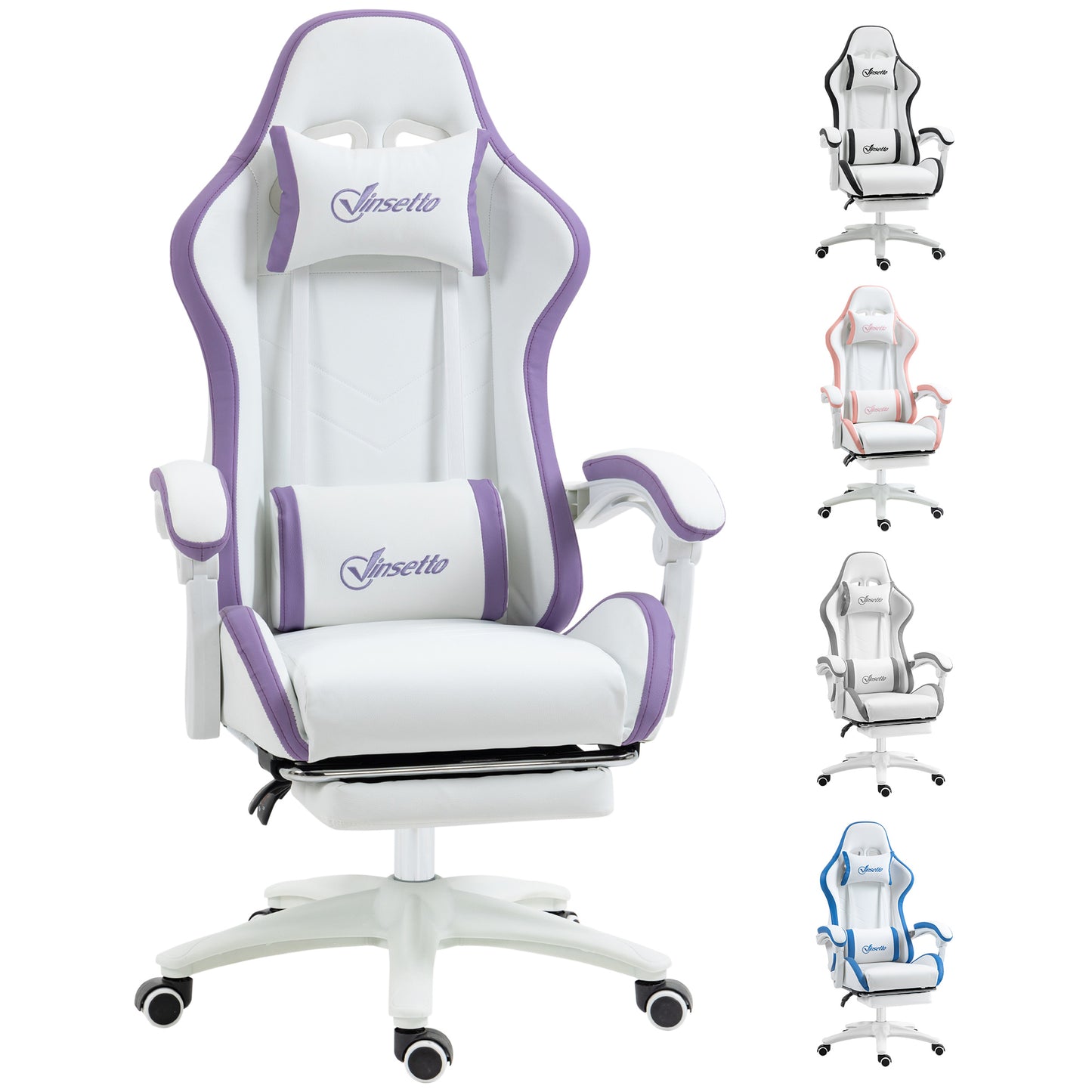 Photo of Vinsetto Computer Gaming Chair, PU Leather Office Desk Chair with Footrest, Swivel Wheels, 135° Reclining Back, Lumbar Support, Headrest for Home, White and Purple in Purple colour on a white background
