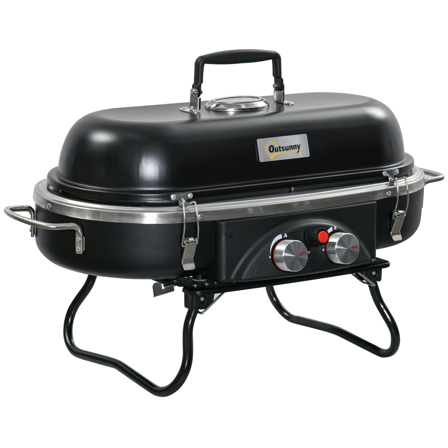 Photo of Outsunny Foldable Gas BBQ Grill 2 Burner Table Top Barbecue with Lid Piezo Ignition Thermometer for Camping Picnic Cooking, Aluminium Alloy in Alloy colour on a white background