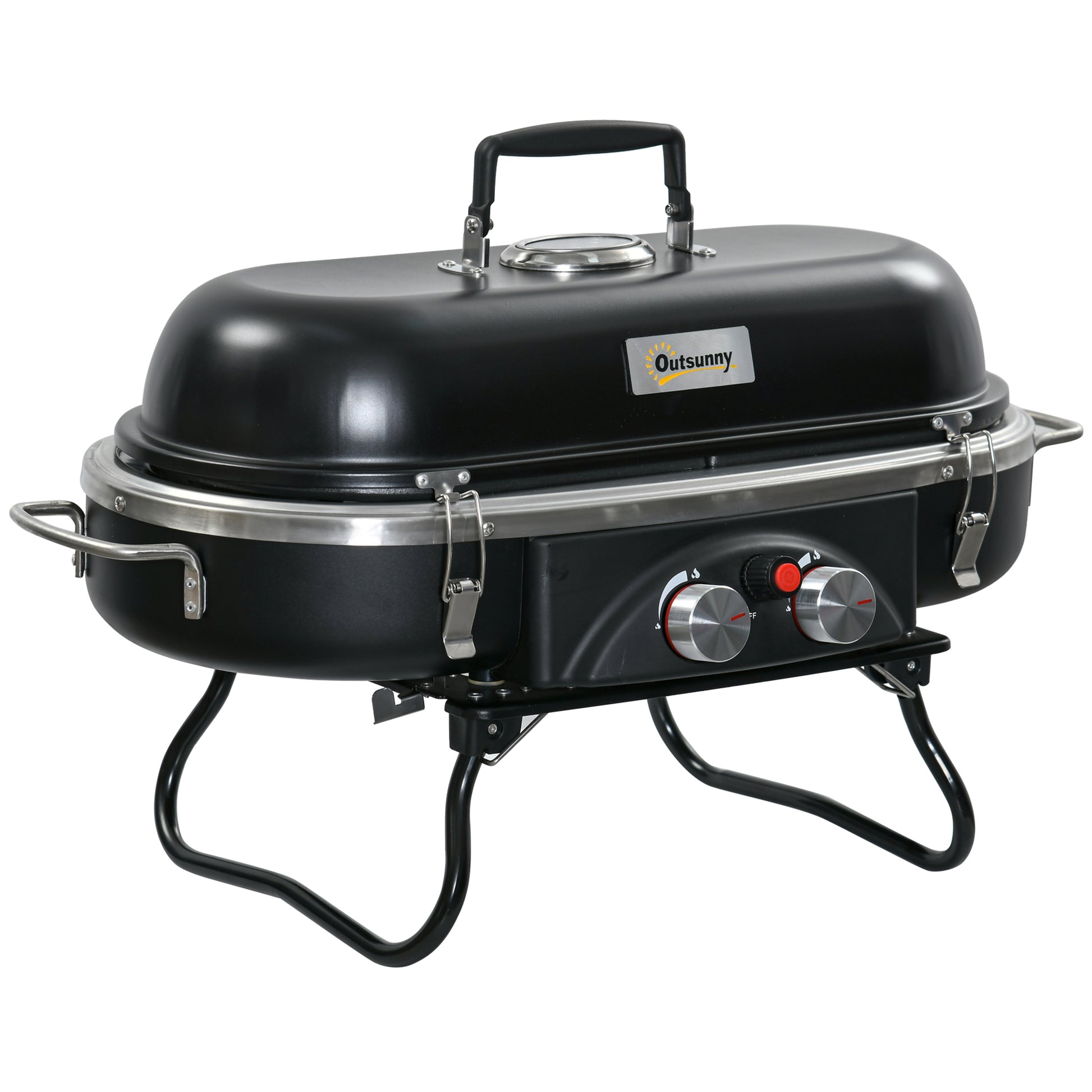 Photo of Outsunny Foldable Gas BBQ Grill 2 Burner Table Top Barbecue with Lid Piezo Ignition Thermometer for Camping Picnic Cooking, Aluminium Alloy in Alloy colour on a white background