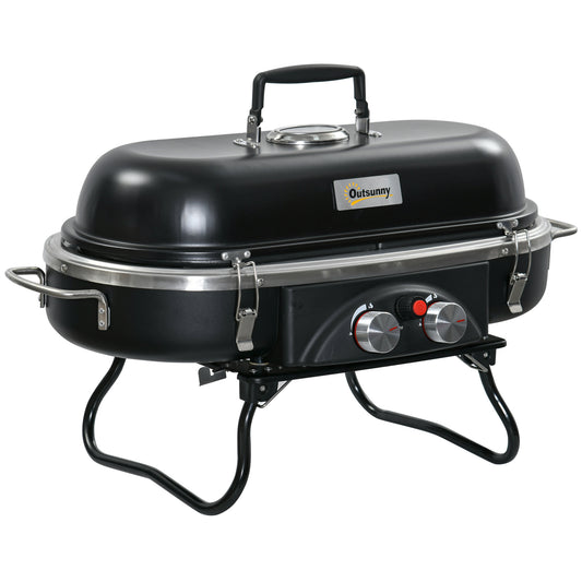 Photo of Outsunny Foldable Gas BBQ Grill 2 Burner Table Top Barbecue with Lid Piezo Ignition Thermometer for Camping Picnic Cooking, Aluminium Alloy in Alloy colour on a white background
