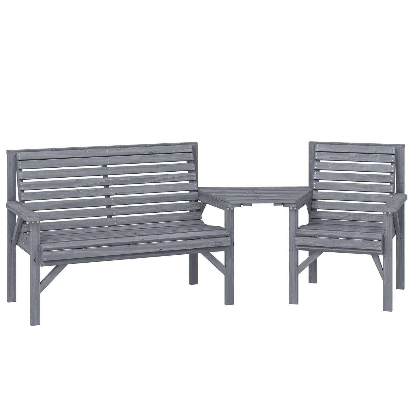 Photo of Outsunny Wooden Garden Furniture Set with Parasol Hole, 1 Chair, 1 Bench and Detachable Table, Grey Embossed Finish in Finish colour on a white background
