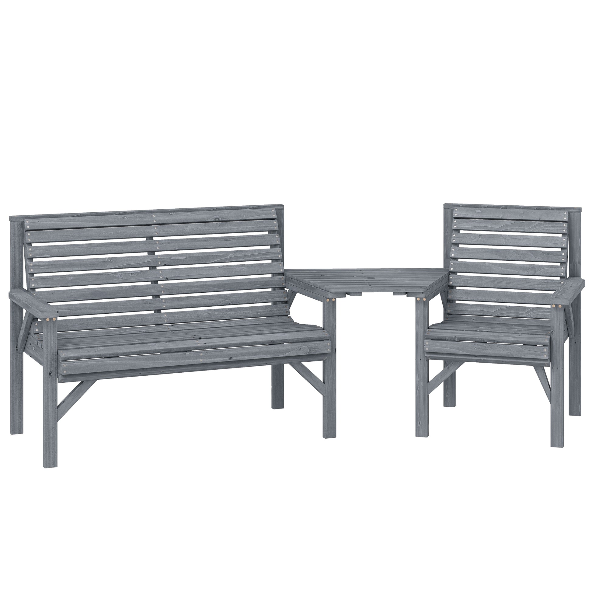 Photo of Outsunny Wooden Garden Furniture Set with Parasol Hole, 1 Chair, 1 Bench and Detachable Table, Grey Embossed Finish in Finish colour on a white background