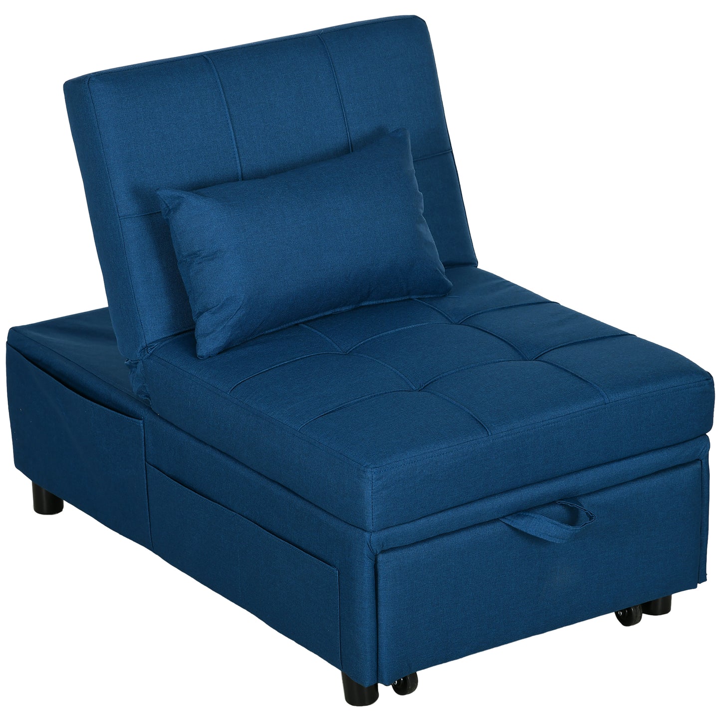 Photo of HOMCOM Convertible Chair Bed with Padding Seat, 4-in-1 Multi-Functional Sleeper Sofa Bed, Recliner with Adjustable Backrest, Side Pocket, Wheels and Pillow, for Living Room, Blue in Blue colour on a white background