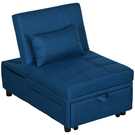 Photo of HOMCOM Convertible Chair Bed with Padding Seat, 4-in-1 Multi-Functional Sleeper Sofa Bed, Recliner with Adjustable Backrest, Side Pocket, Wheels and Pillow, for Living Room, Blue in Blue colour on a white background