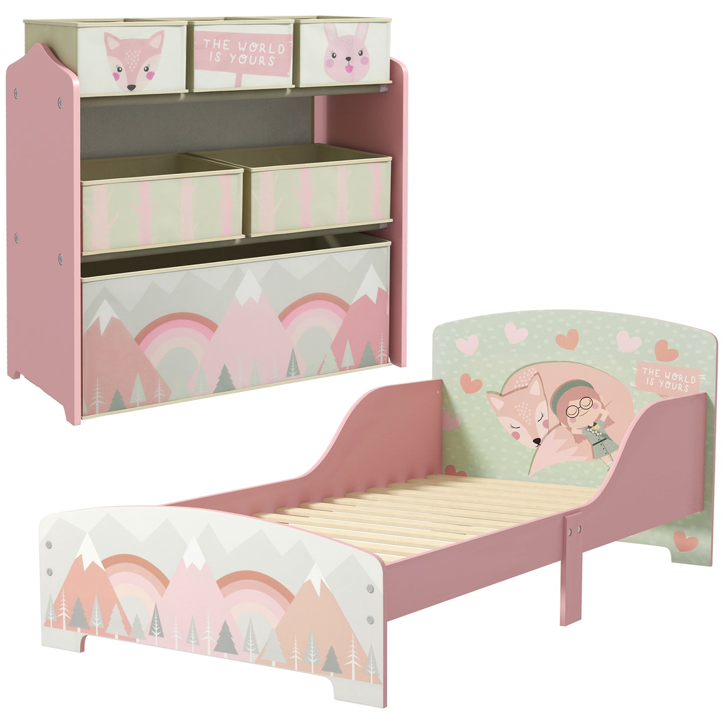 Photo of ZONEKIZ Toddler Bed Frame, Kids Storage Shelf Unit with 6 Fabric Bins for Ages 3-6 Years, Pink in Pink colour on a white background