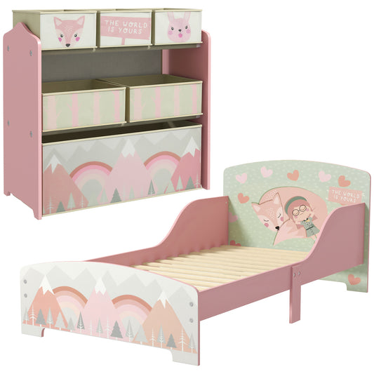 Photo of ZONEKIZ Toddler Bed Frame, Kids Storage Shelf Unit with 6 Fabric Bins for Ages 3-6 Years, Pink in Pink colour on a white background