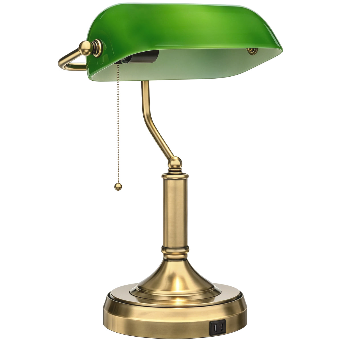 Photo of HOMCOM Desk Lamp with USB Ports, Banker's Table Lamp Desk Lamp with Vintage Bronze Tone Base and Pull Rope Switch, Green in Green colour on a white background