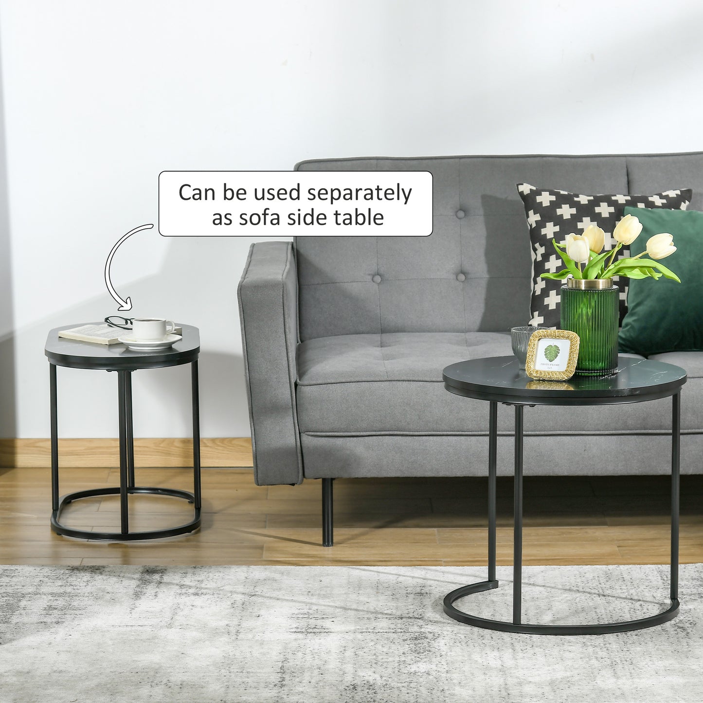HOMCOM Nest of Tables with Steel Frame and Faux Marble Tabletop, Modern Coffee Table Set of 2, Black/White