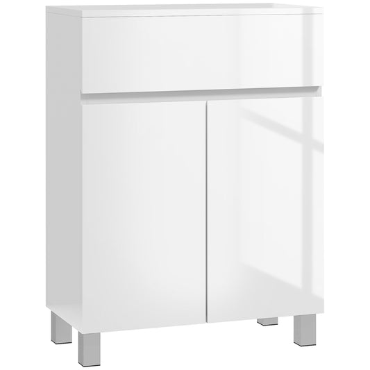 Photo of kleankin Freestanding Bathroom Cabinet, High Gloss Storage Cabinet with Doors and Adjustable Shelf, 60 x 30 x 80 cm, White in White colour on a white background
