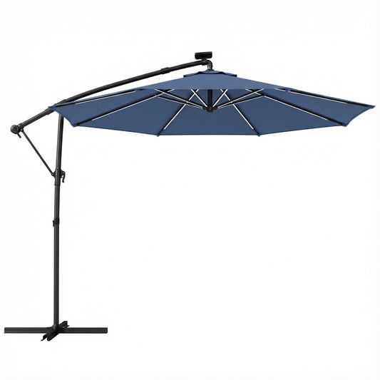 Photo of Outsunny 3 m Garden Cantilever Parasol with LED Solar Light, Round Overhanging Umbrella with 360° Rotation, Cover, Navy Blue in Blue colour on a white background