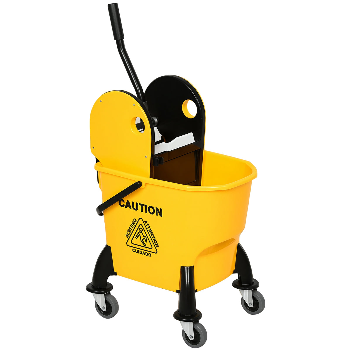 Yellow mop bucket with black wringer, press handle and four swivel wheels.