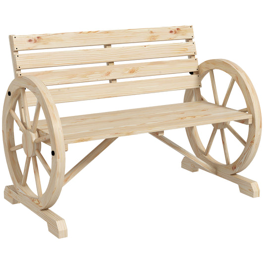 Photo of Outsunny Wagon Wheel Chair Bench Armrest Rustic Loveseat Wood Outdoor Garden, Natural in Natural colour on a white background