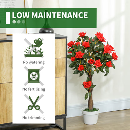 Artificial red rose tree in a white pot; no watering, fertilizing or trimming needed