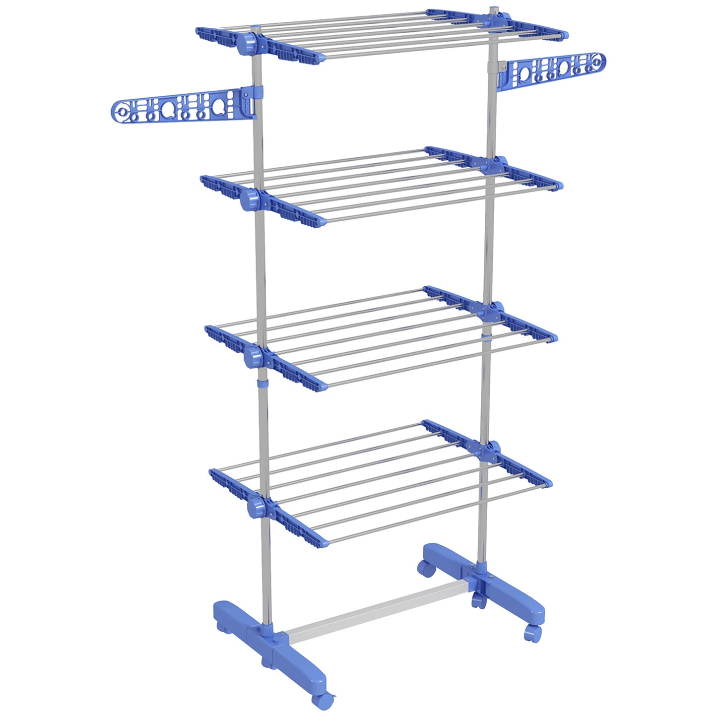 Photo of HOMCOM Four-Shelf Collapsing Clothes Horse, With Side Arms and Wheels - Blue in Blue colour on a white background