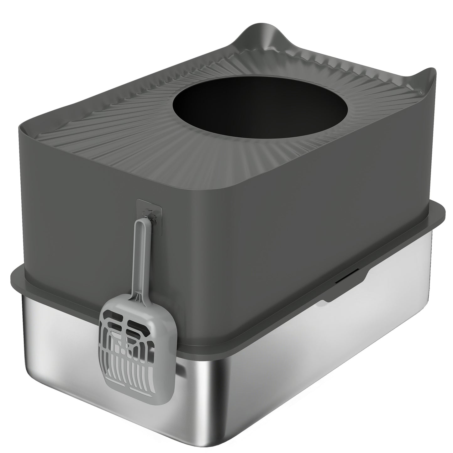 Photo of PawHut Stainless Steel Cat Litter Tray, Extra Large Enclosed Litter Box with Scoop, Top Entrance, Non-slip Pads, Dark Grey in Grey colour on a white background
