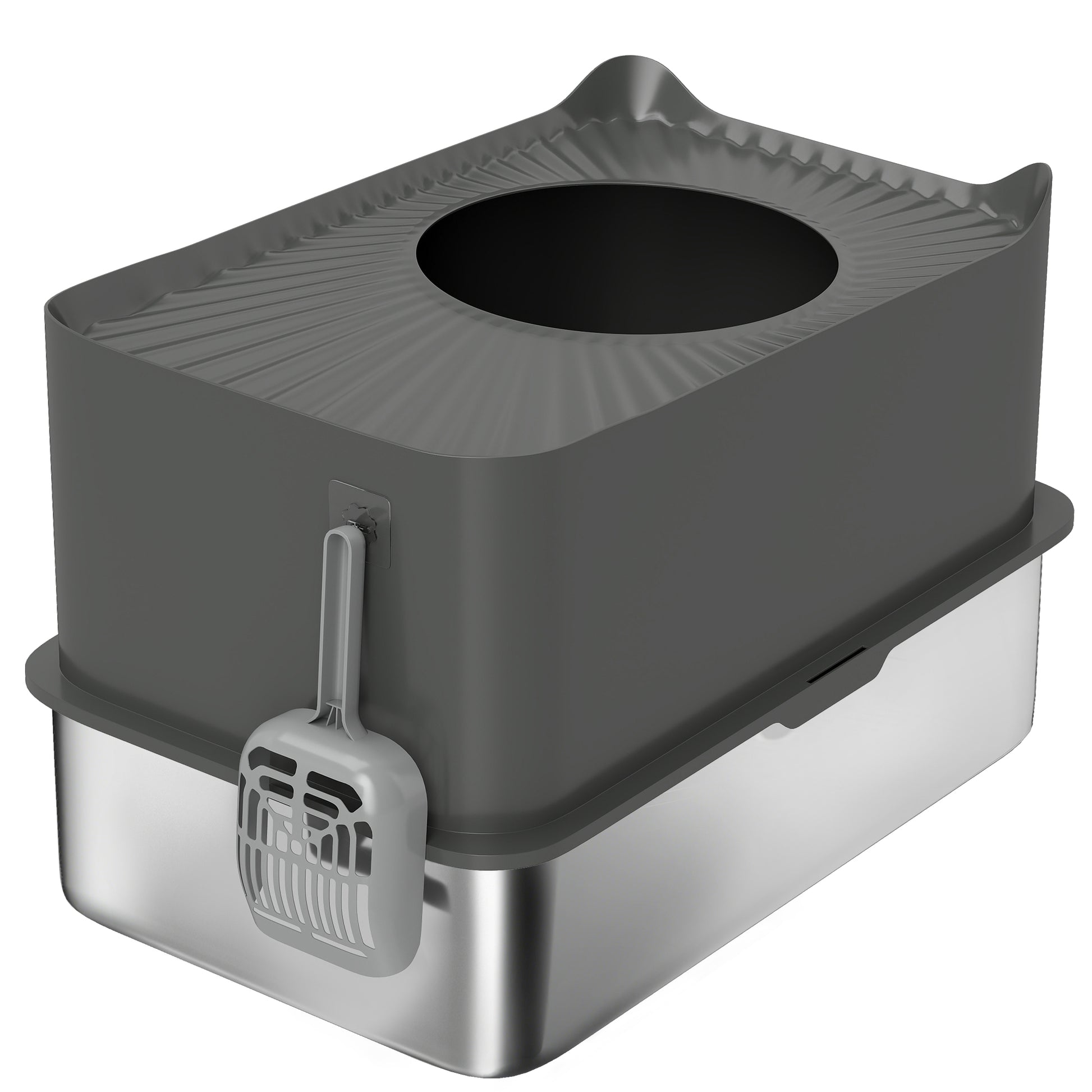 Photo of PawHut Stainless Steel Cat Litter Tray, Extra Large Enclosed Litter Box with Scoop, Top Entrance, Non-slip Pads, Dark Grey in Grey colour on a white background