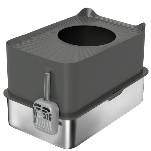 Photo of PawHut Stainless Steel Cat Litter Tray, Extra Large Enclosed Litter Box with Scoop, Top Entrance, Non-slip Pads, Dark Grey in Grey colour on a white background
