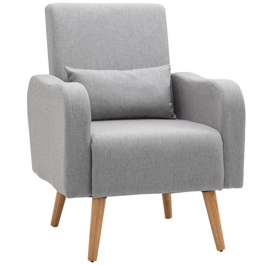 Photo of HOMCOM Accent Chair, Linen-Touch Armchair with Pillow, Upholstered Leisure Lounge Sofa for Living Room, Club Chair with Rubber Wooden Frame, Grey in Grey colour on a white background