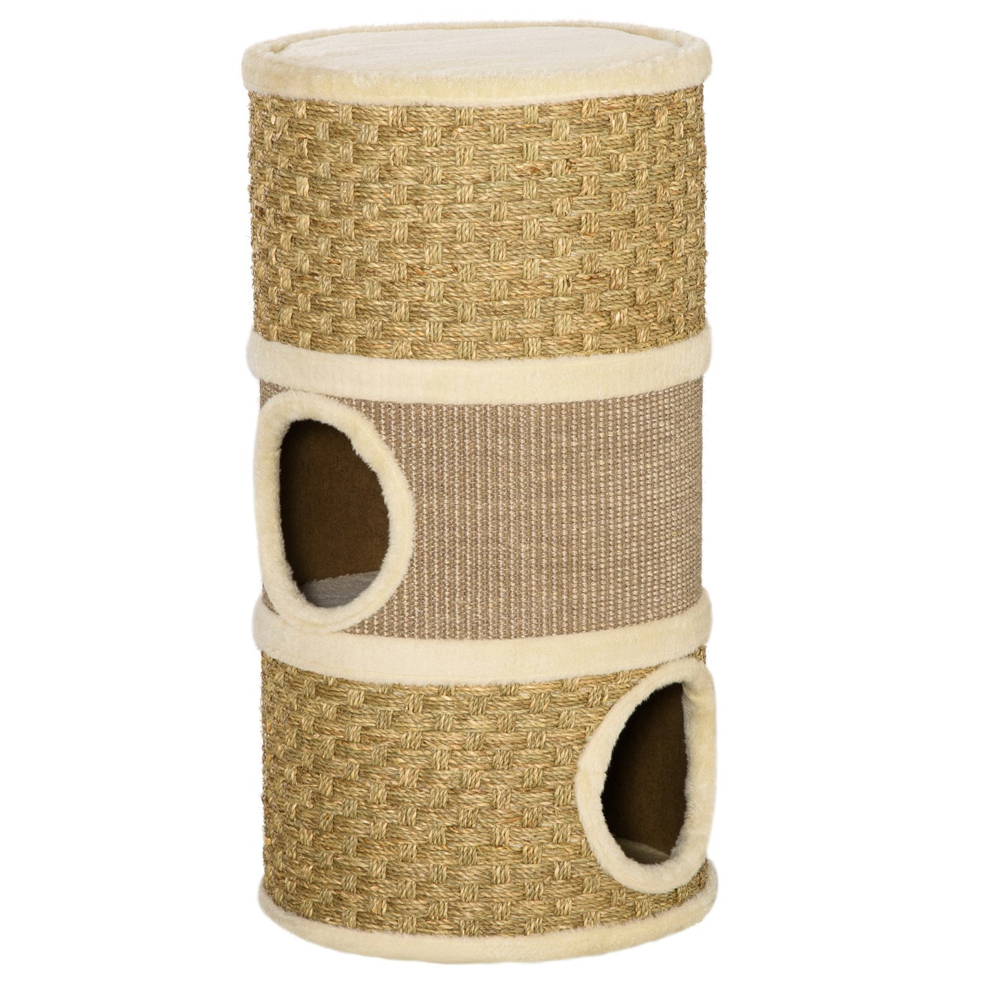 Photo of PawHut Cat Scratching Barrel Kitten Tree Tower for Indoor Cats Pet Furniture Climbing Frame Covered with Sisal and Seaweed Rope Cozy Platform Soft Plush in Plush colour on a white background