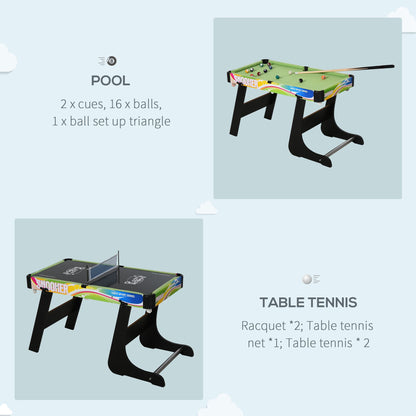 HOMCOM gaming table set up for billiards and table tennis, with cues and net shown