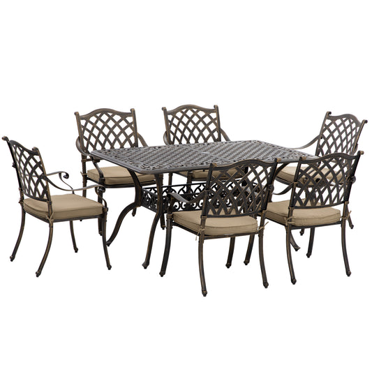 Photo of Outsunny 7 PCs Garden Patio Dining Set with Parasol Hole, Cast Aluminium Outdoor Furniture Set with Six Cushioned Chairs and Rectangle Dining Table, for Garden, Lawn, Deck, Bronze Tone in Tone colour on a white background