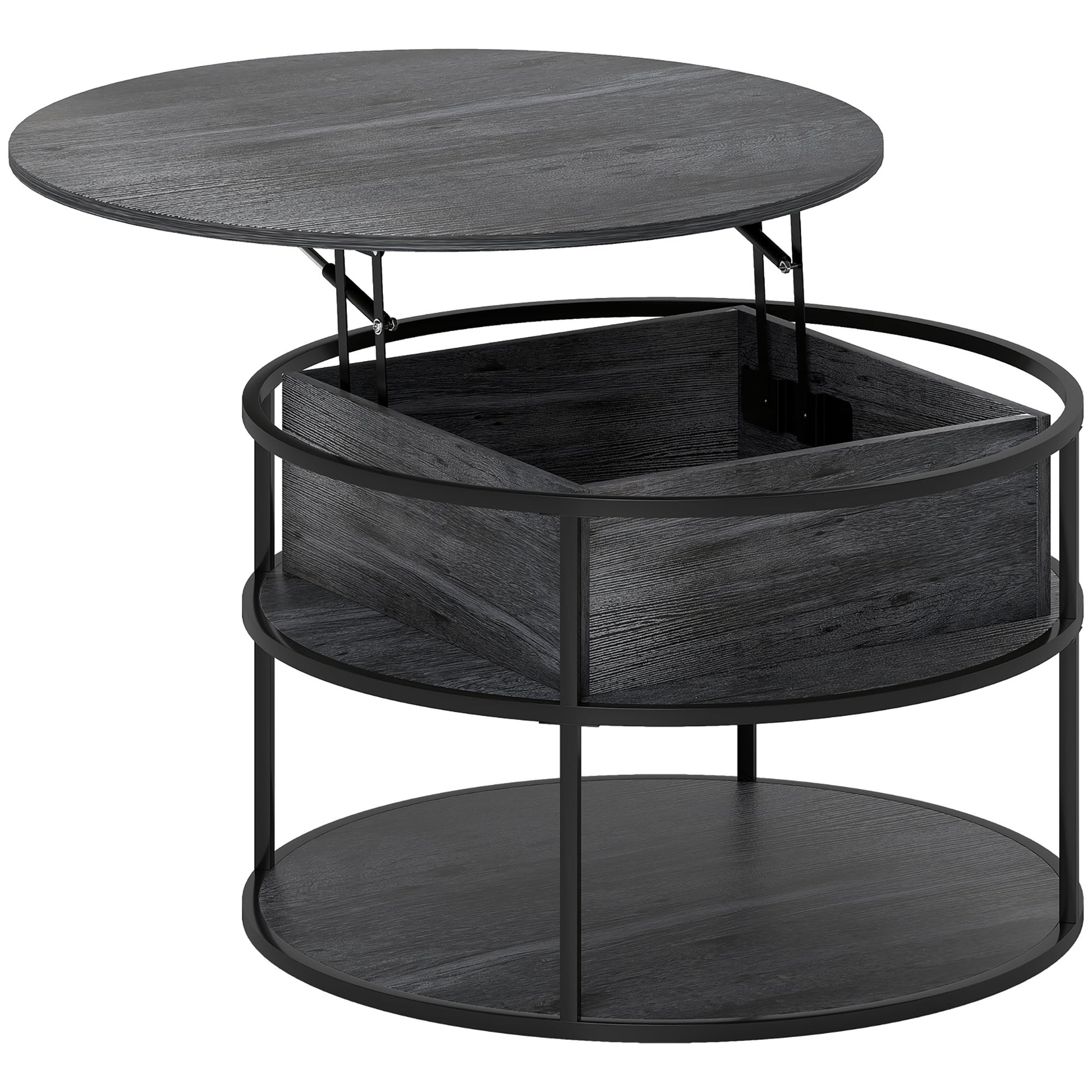 Photo of HOMCOM Lift Top Coffee Table, Round Coffee Table with Storage Shelf, Hidden Compartment and Steel Frame for Living Room, Home Office, Charcoal Grey in Grey colour on a white background