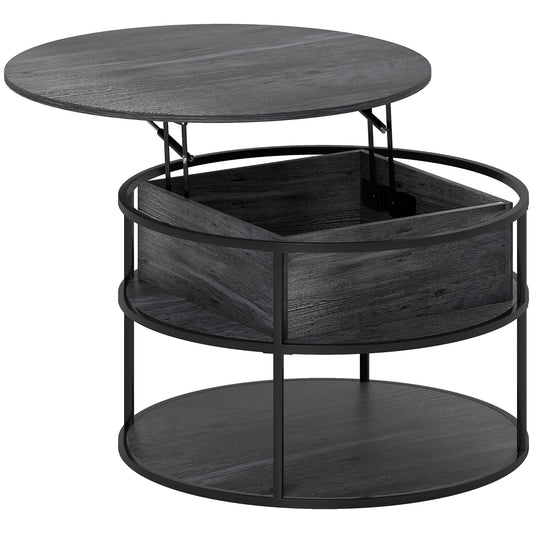 Photo of HOMCOM Lift Top Coffee Table, Round Coffee Table with Storage Shelf, Hidden Compartment and Steel Frame for Living Room, Home Office, Charcoal Grey in Grey colour on a white background
