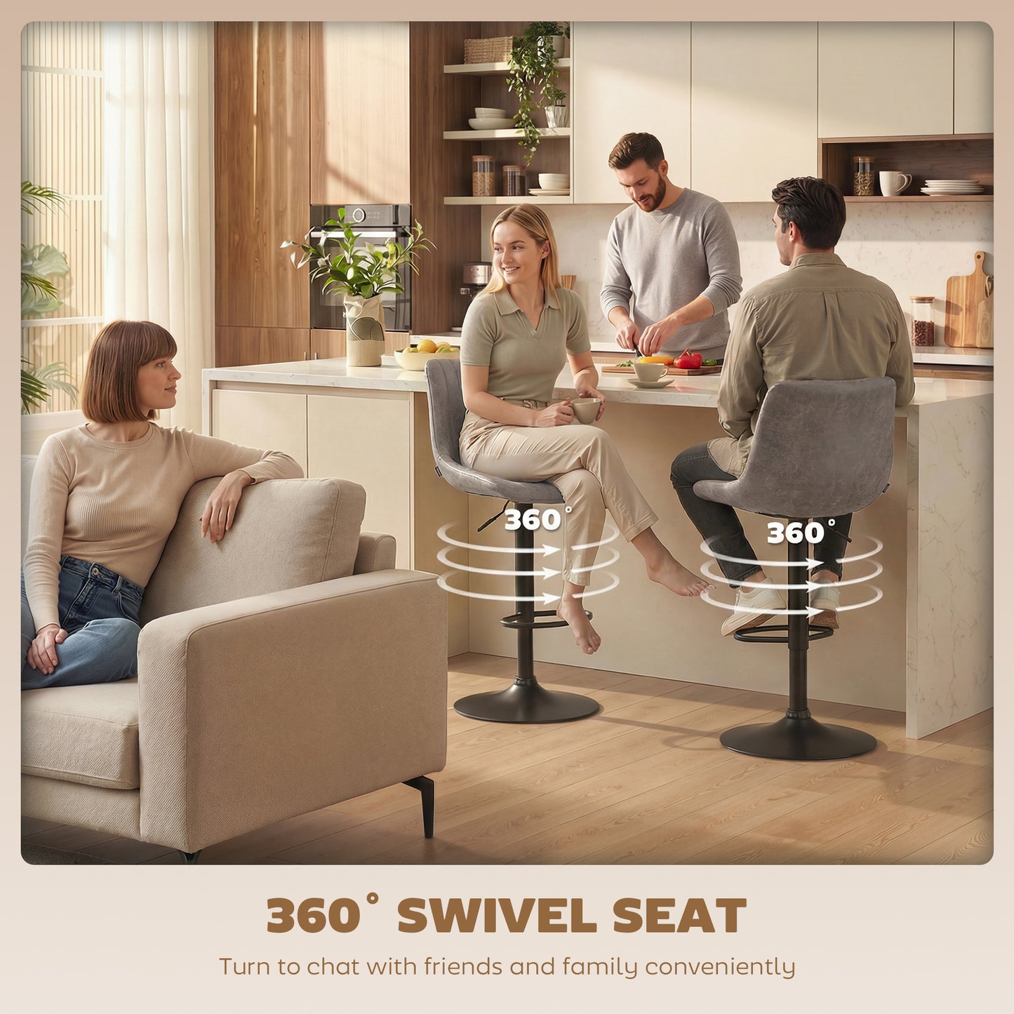 HOMCOM Breakfast Bar Stools Set of 2, 59-80cm Sitting Hight Leather Upholstered Bar Chairs - Grey