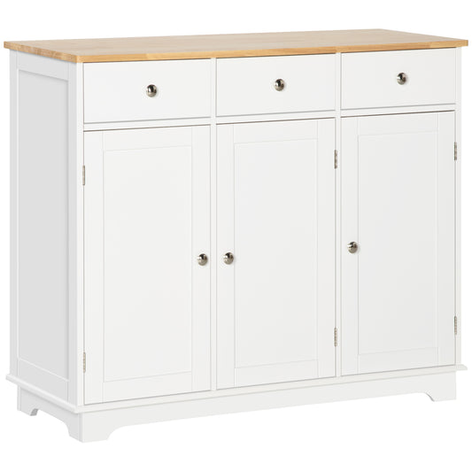 Photo of HOMCOM Sideboard with Rubber Wood Top, Modern Storage Cabinet, Kitchen Cupboard with 3 Doors, 3 Drawers and 3 Adjustable Shelves for Dining Room, Living Room, White in White colour on a white background