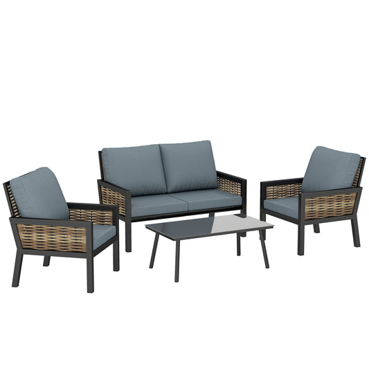 Photo of Outsunny 4 Seater Rattan Garden Furniture Set with 2 Armchairs, Loveseat, Coffee Table, Garden Sofa Set with Cushions, Grey in Grey colour on a white background
