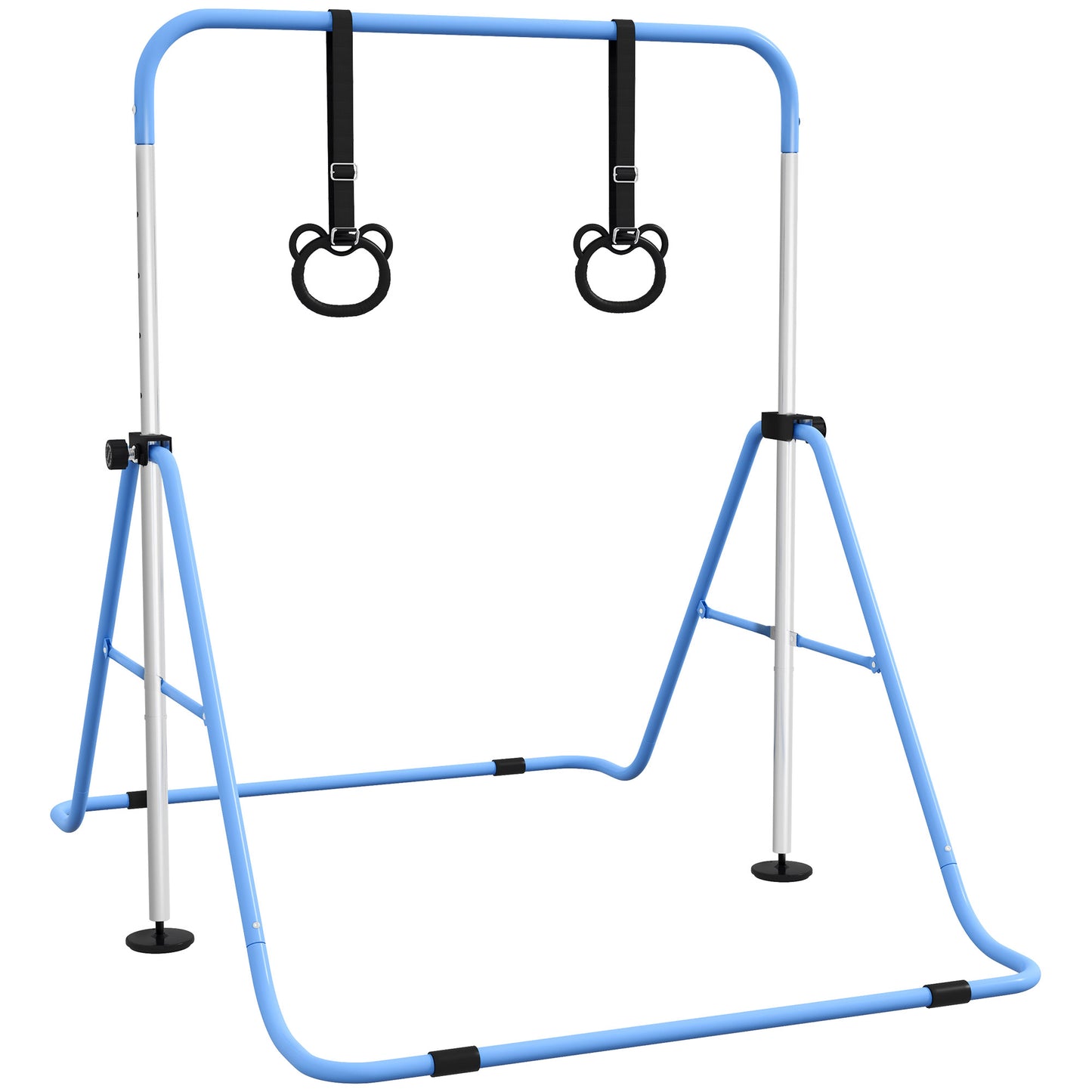 Photo of HOMCOM Adjustable Height, Foldable Kids Gymnastics Bar w/ Non-slip Rubber Floor Rings, for 3+ Years, Blue in Blue colour on a white background
