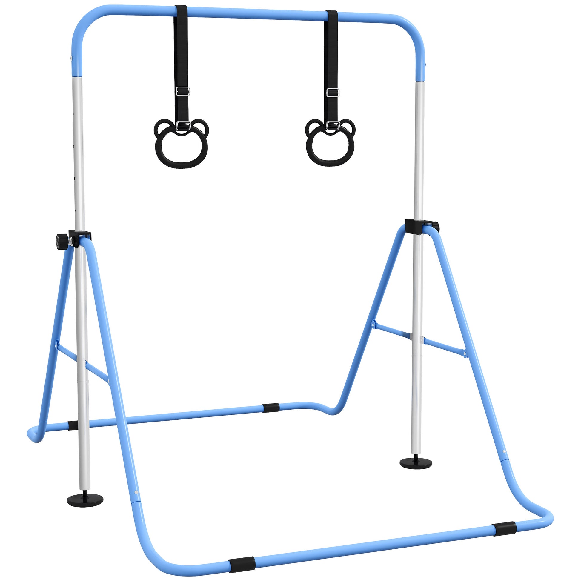Photo of HOMCOM Adjustable Height, Foldable Kids Gymnastics Bar w/ Non-slip Rubber Floor Rings, for 3+ Years, Blue in Blue colour on a white background