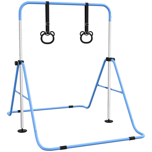 Photo of HOMCOM Adjustable Height, Foldable Kids Gymnastics Bar w/ Non-slip Rubber Floor Rings, for 3+ Years, Blue in Blue colour on a white background
