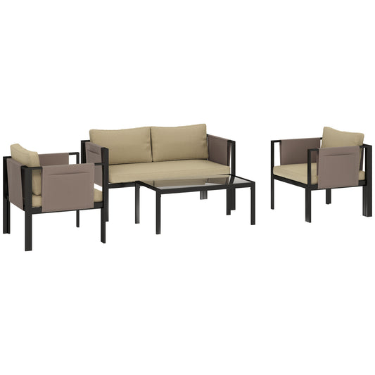Photo of Outsunny 4 Piece Metal Garden Furniture Set with Tempered Glass Coffee Table, Texteline Pocket, Outdoor Set Loveseat Single Armchairs with Padded Cushions, Khaki in Khaki colour on a white background