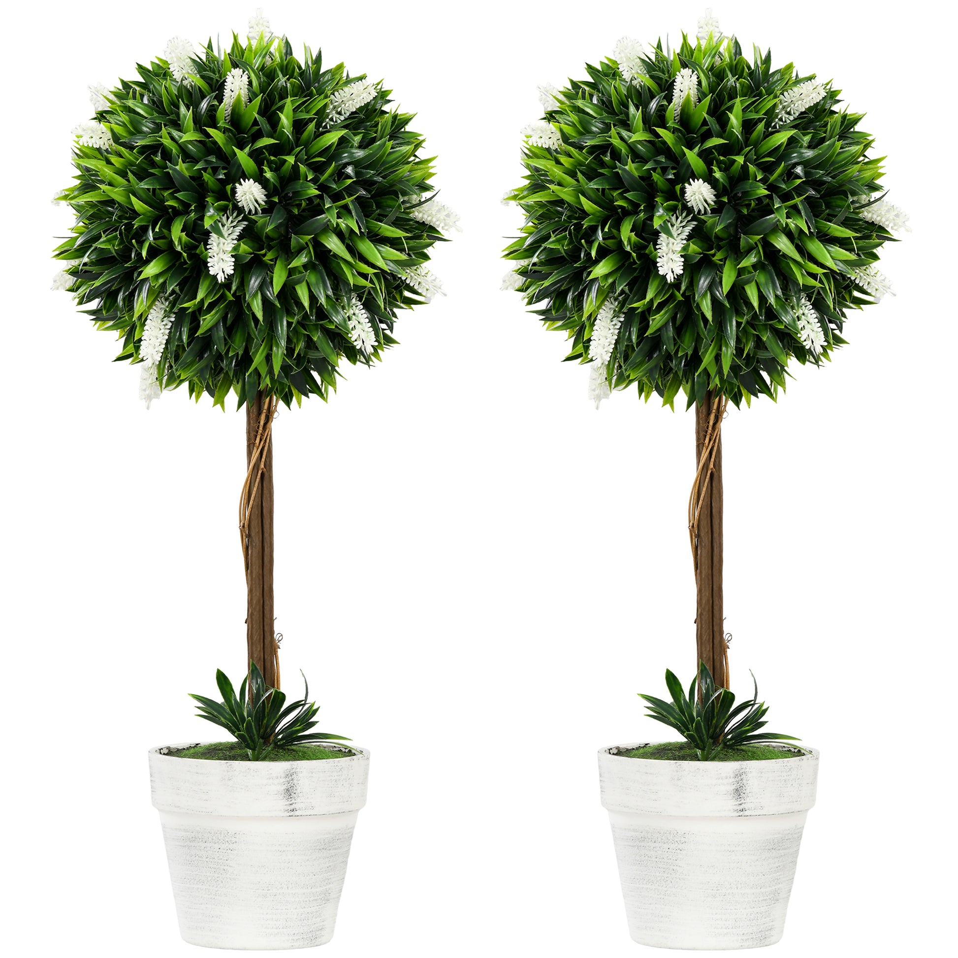 Photo of HOMCOM Set of 2 Decorative Artificial Plants Ball Trees with Flower for Home Indoor Outdoor Decor, 60cm ,White in ,White colour on a white background