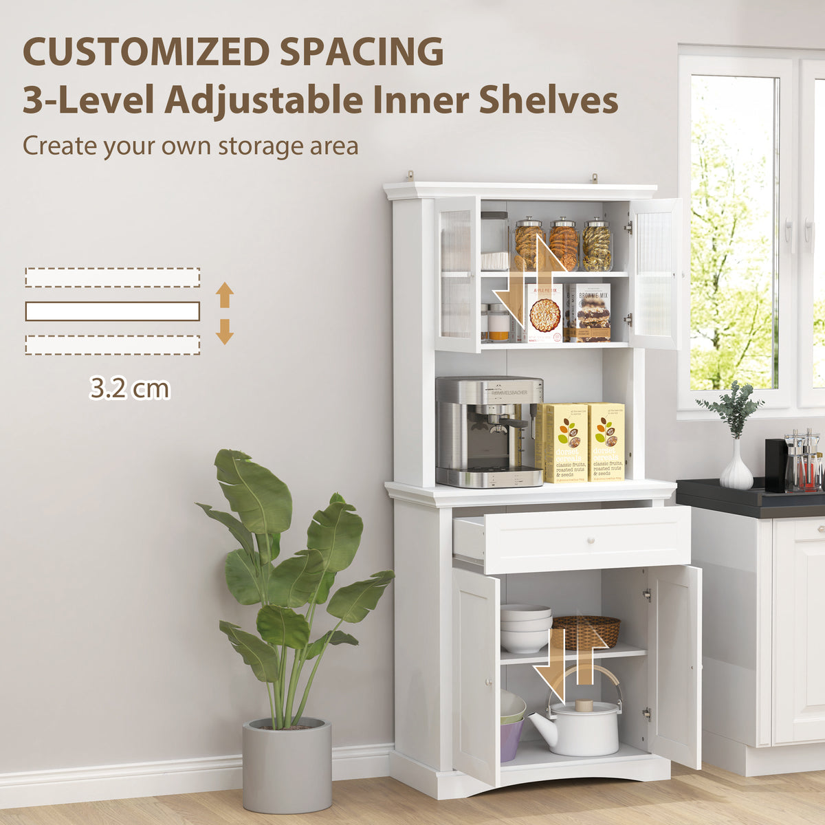 White kitchen cupboard with adjustable shelves, open glass doors, drawer and lower cabinet doors