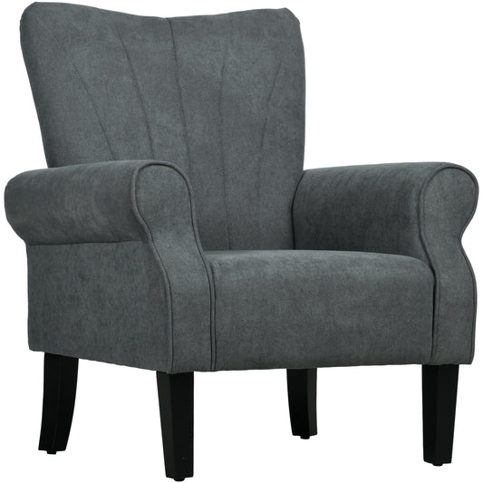Grey upholstered accent chair with tall back, rolled arms, and dark legs
