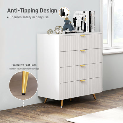 White four-drawer bedside table with fluted fronts, gold-tone legs and anti-tip wall attachment