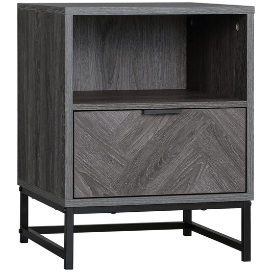 Photo of HOMCOM Bedside Table with Drawer and Shelf, Side End Table with Steel Legs for Living Room, Bedroom, Dark Grey in Grey colour on a white background