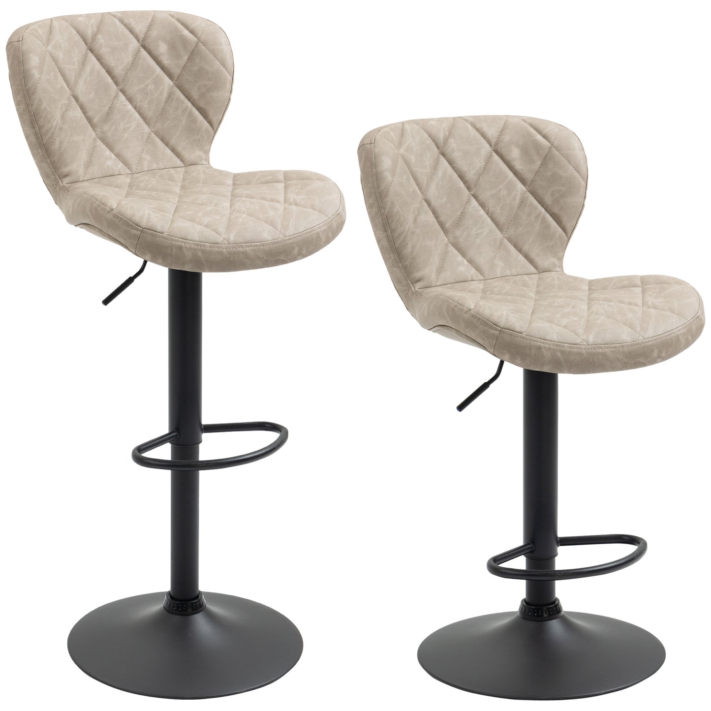 Photo of HOMCOM Bar Stools, Set of 2 Breakfast Bar Chairs, Swivel Barstools with Backrest and Footrest, Steel Frame Diamond Pattern PU, for Kitchen Counter, Dining Room, Light Khaki in Khaki colour on a white background